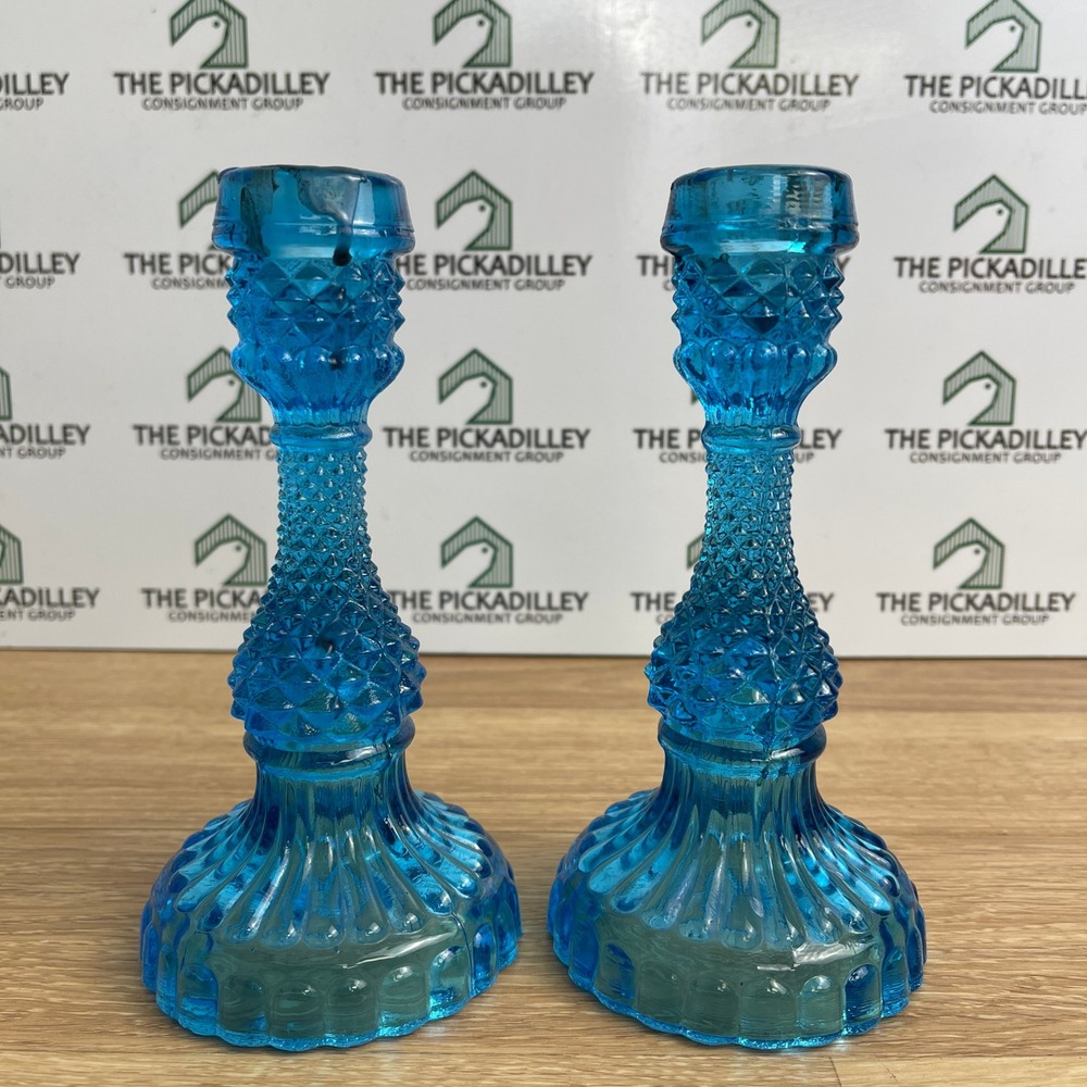 Blue Pressed Glass Diamond Point Taper Candlestick Holders Set of 2 7in Tall
